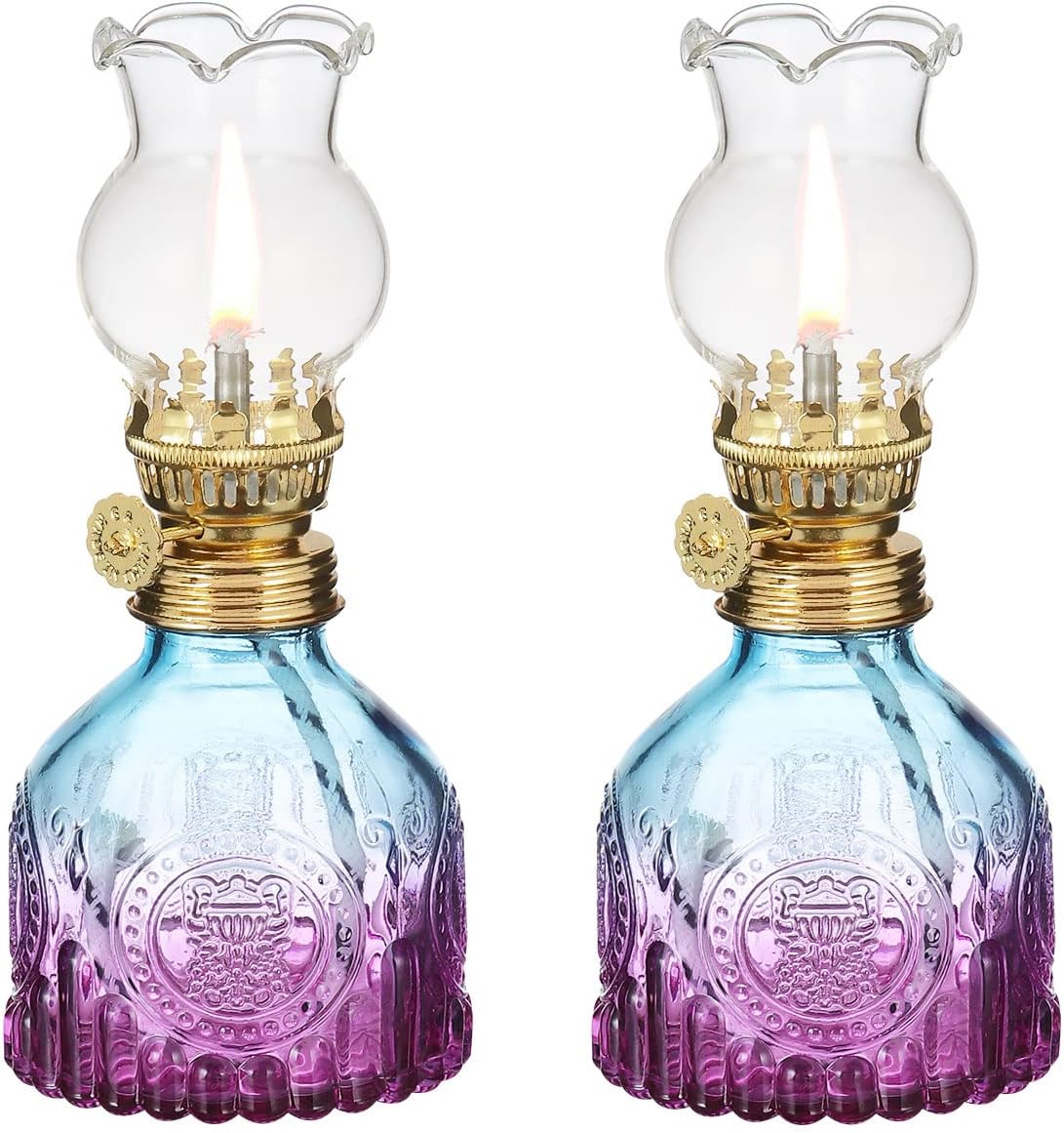 Oil Lamps & Accessories - DNRVK 2-Pack Gradient Color Glass Oil Lamp Kerosene Lantern Vintage Oil Lamps for Indoor Use Oil Lantern Indoor Decorative Oil Hurricane Lanterns for Tabletop Decor Emergency Lighting