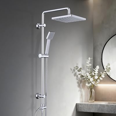Columna de Ducha Acero Inoxidable sin Grifo Thermostato, Set Ducha con Barra Altura Adjustable con Ducha Mano Alcachofa y Cabezal Rociador Lluvia ABS 20x20cm, Cromo