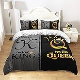 AILONEN Grey and Black Duvet Cover Set King Size, K and Q Printed Crown Couple Bedding Set Gifts,3 Piece His Her Themed Lightweight Microfiber Comforter Cover with 2 Pillowcases