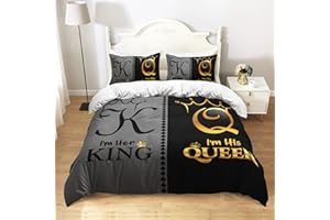 AILONEN Grey and Black Duvet Cover Set King Size, K and Q Printed Crown Couple Bedding Set Gifts,3 Piece His Her Themed Lightweight Microfiber Comforter Cover with 2 Pillowcases