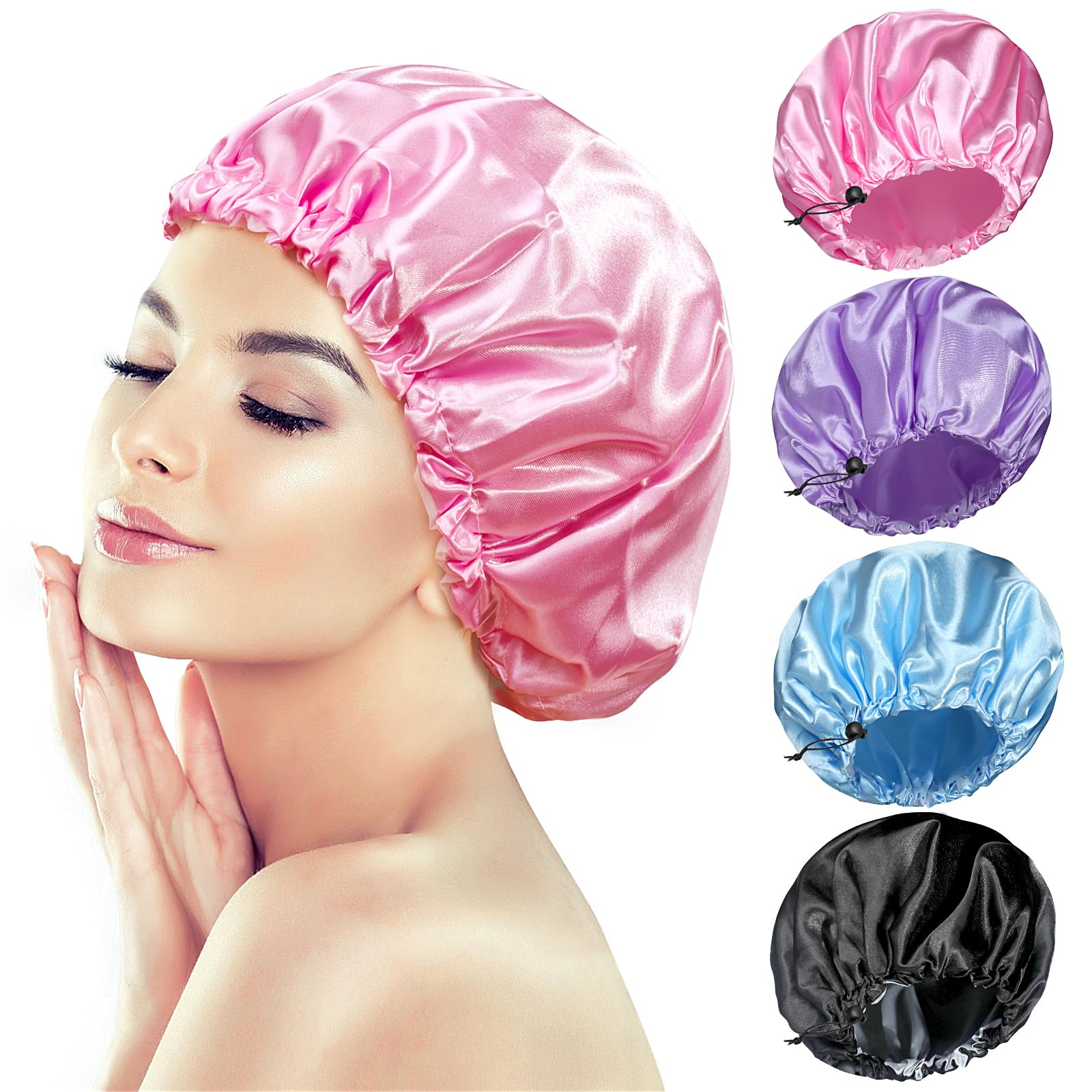 Photo 1 of Fishent Shower Cap, 4 Packs Reusable Adjustable Double Layer Waterproof shower Caps for Women, Waterproof Bathing Shower Hat Hair Cap for Adult and Kids (Solid, Medium)