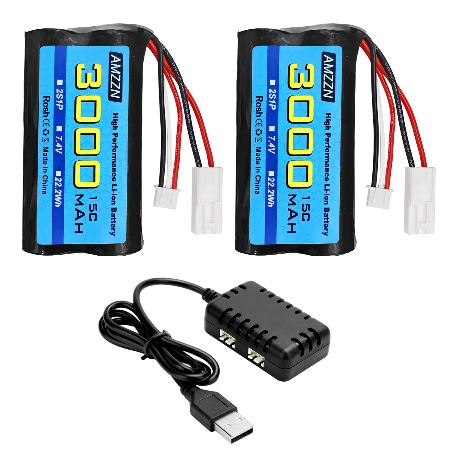 AMZZN 2PCS 7.4V 3000mah 15C 2S EL-2P Plug Li-ion Battery with 2-in-1 Charger for UDI009 UDI902 UDI002 AA102 feilun FT009 RC Ship High-Speed Speedboat Model Backup Battery