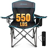 FUNDANGO Oversized Camping Chair for Adults,550lbs Heavy Duty Foldable Portable Lawn Chair with Padded Seat & Back, 4-can Cooler & Cup Holder, Carry Bag Included for Outdoor (Black/Grey)