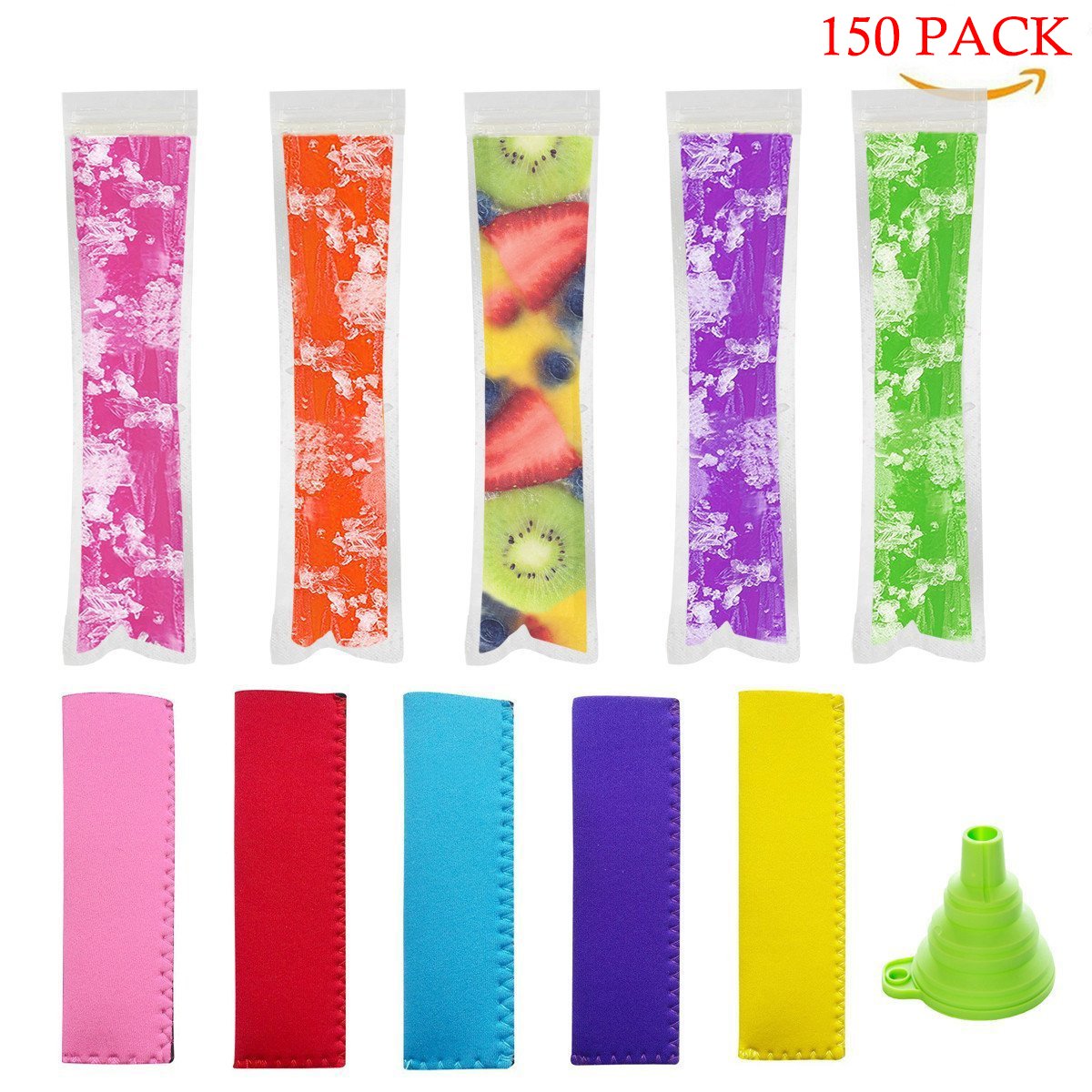 Ohomr 150pcs Popsicle Mold Bags with 5 Free Popsicle Holder and Folding Funnel for Freezing DIY Ice Candy Fruit Juice Snack Yogurt Pop Pouch
