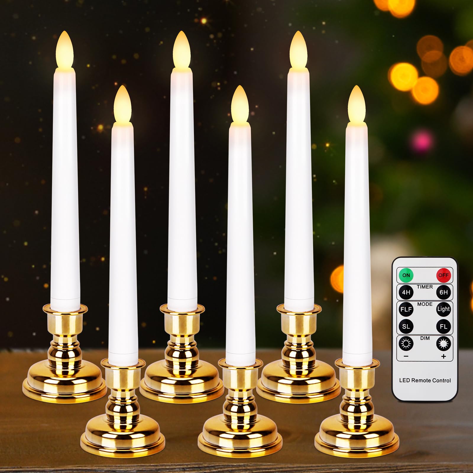 Photo 1 of FREEPOWER Flameless Window Candles with Gold Candle Bases, Battery Operated Taper Candle with 4H/6H Daily Timer, Remote Window Candle with Unique Flame