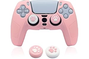 BRHE Skin for PS5 Controller Grip Cover Anti-Slip Silicone Protector Rubber Case Cute Kawaii Accessories Set Gamepad Joystick Shell with 2 Thumb Grip Caps (Full Covered, Pink)