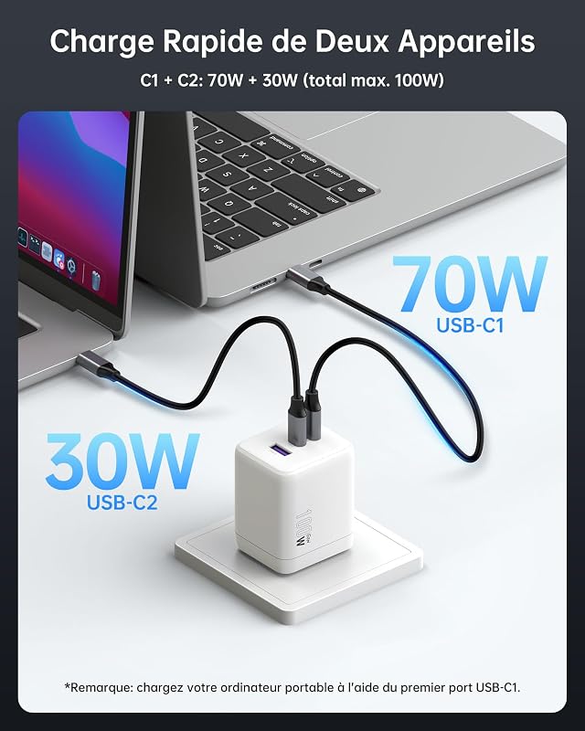 - Carregador rápido USB-C de 100W, conector USB C de 3 portas, adaptador compatível com iPhone 16 Plus Pro MAX, Galaxy PPS 45W, S24 Ultra, S23, S22, Pixel, iPad, MacBook Air, cor branca