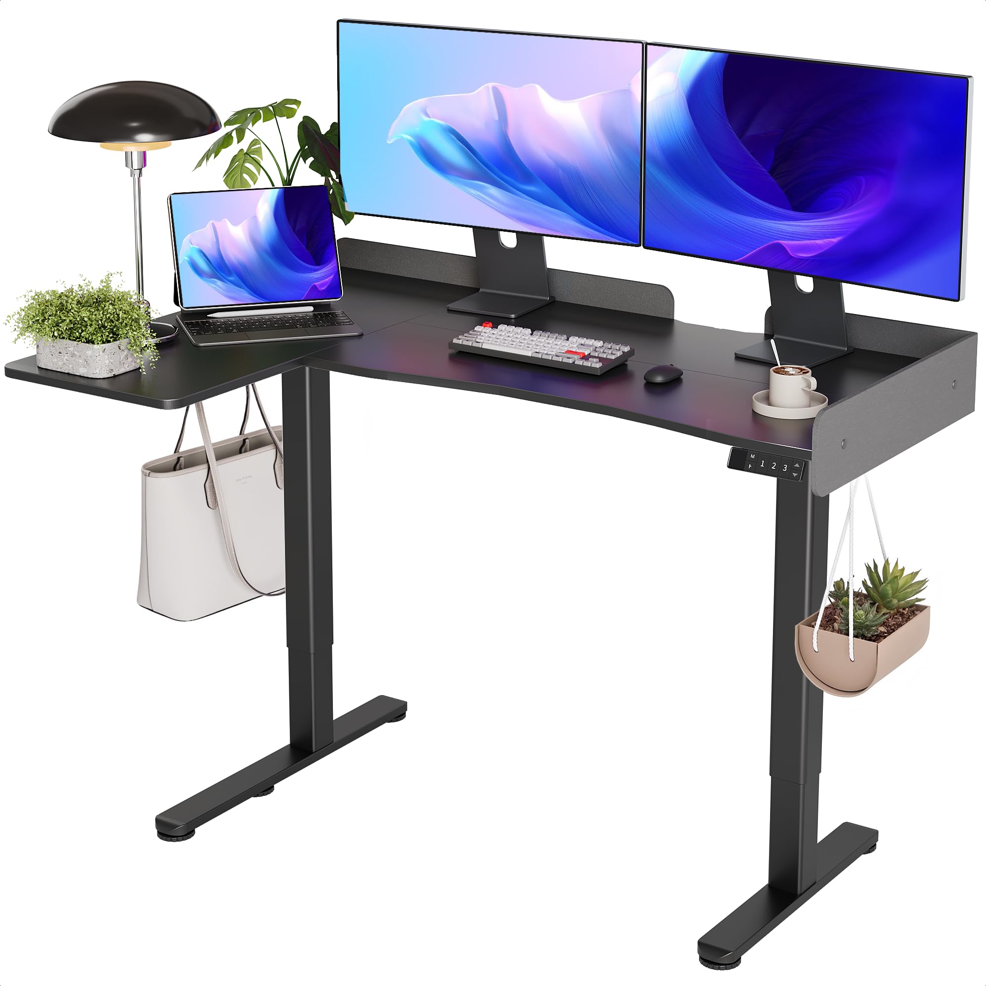 View 1 of Claiks L Shaped Standing Desk, 55 Inch Electric Height Adjustable Desk with Splice Board Corner Workstation for Home Office, Black