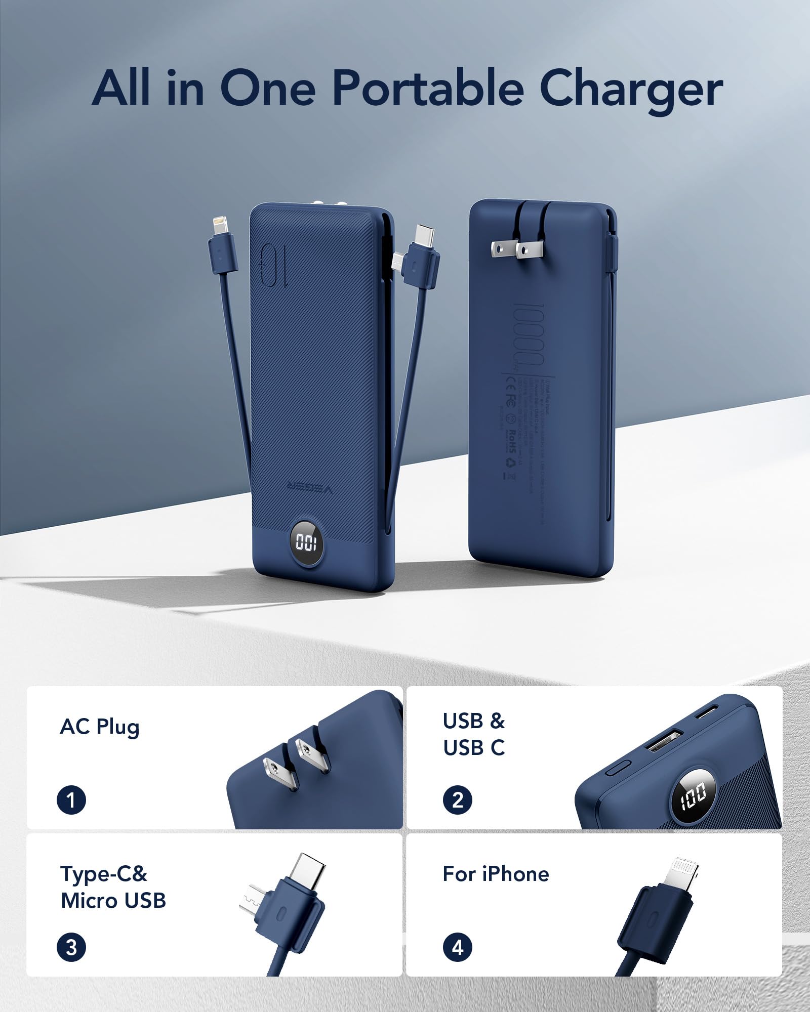 VEGER Portable Charger with Built-in AC Plug and Cables, All in One 10000mAh Ultra Slim Power Bank Travel Essentials, 15W Fast Charging Battery Pack Compatible with iPhone, Samsung, Android (Navy)