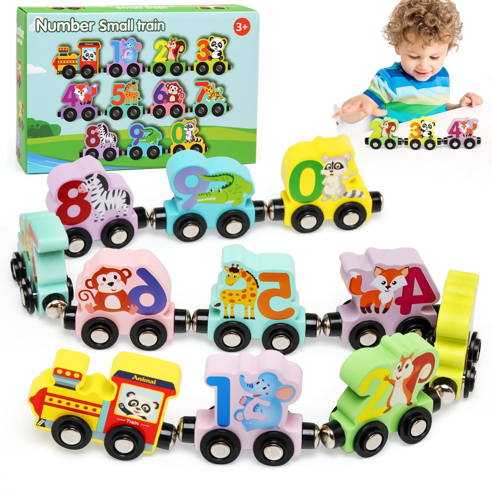 BelleStyle Toys for 1 2 3 Year Old Boys, Magnetic Wooden Animals Train Set for Toddlers, Numbers Counting Educational Learning Montessori Toys for Kids Boys Girls 1 2 3 Years Old Birthday Gifts