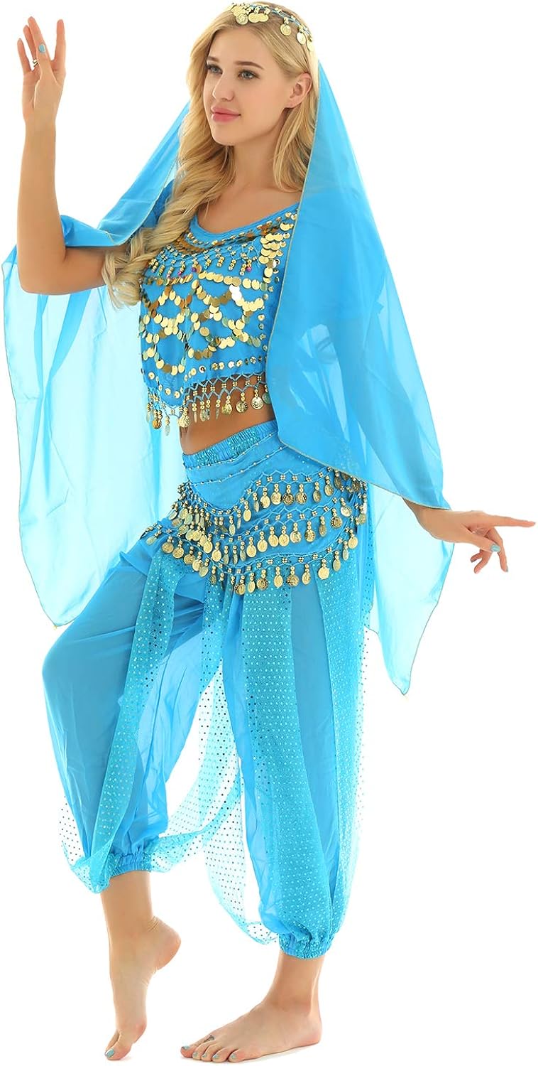 inlzdz Women Ladies 2PCs/4PCs Indian Dance Dress Belly Dance Outfits Halloween Fancy Dress Costumes Lake Blue One Size - Image 4