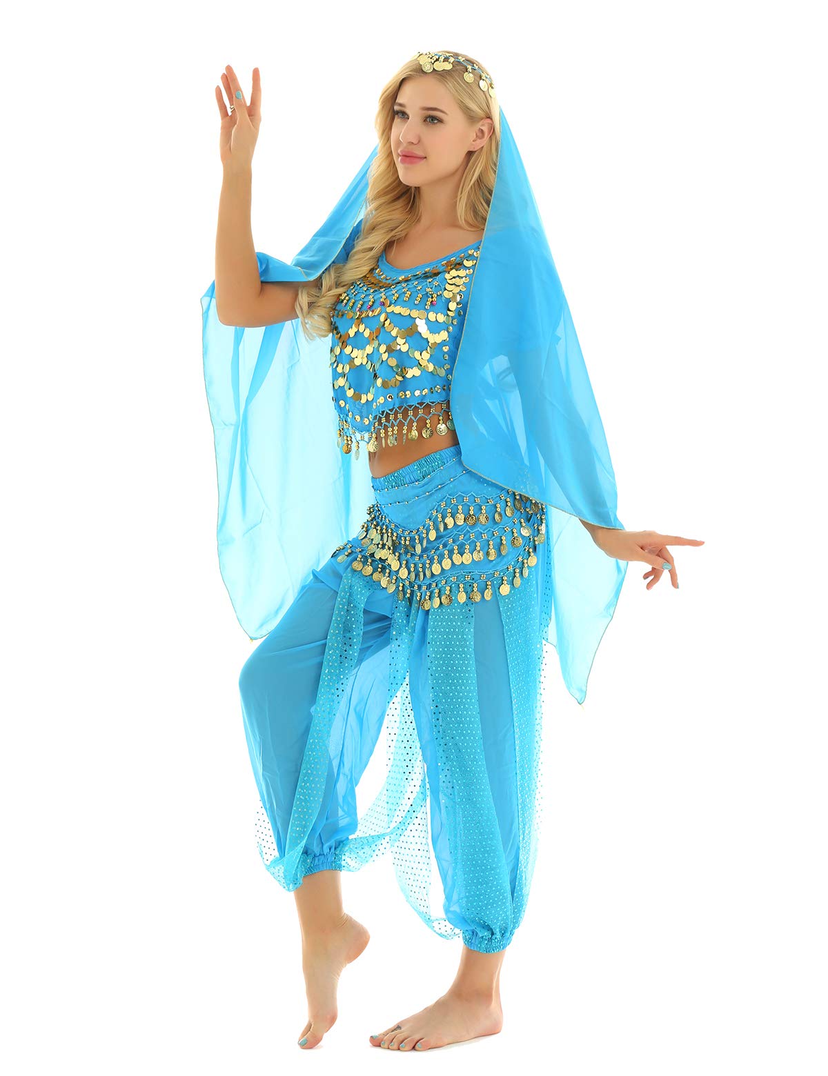 inlzdz Women Ladies 2PCs/4PCs Indian Dance Dress Belly Dance Outfits Halloween Fancy Dress Costumes Lake Blue One Size