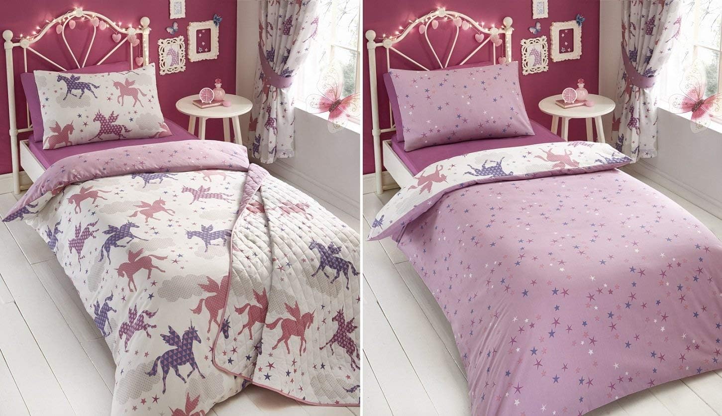 Kidz ClubDivine Unicorn Duvet Quilt Cover and 2 Pillowcase Bed Set for Girls, Reversible Design-Pink/White, Polyester-Cotton, Double