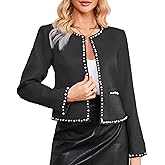Women Cropped Tweed Blazer Jacket Long Sleeve Crewneck Open Front Pearl Trim Casual Fall Outfit with Pockets