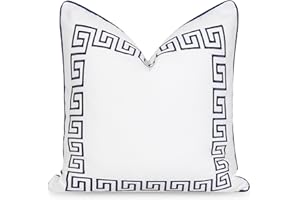 Hofdeco Premium Coastal Patio Indoor Outdoor Throw Pillow Cover Only, 20"x20" Water Repellent for Backyard, Couch, Navy Blue Embroidered Greek Key with Piping