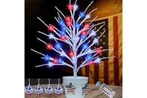 ELNSIVO 4th of July Decorations Tree with Red White Blue Star Lights, 8 Modes Lighted Tree in Pot Fourth of July Independence Day Lit Tree Remote Control Patriotic Lights for Home Table Decor Memorial Day