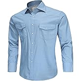 COEVALS CLUB Men's Denim Western Cowboy Pearl Snap Casual Button Down Up Long Sleeve Soild Work Shirt