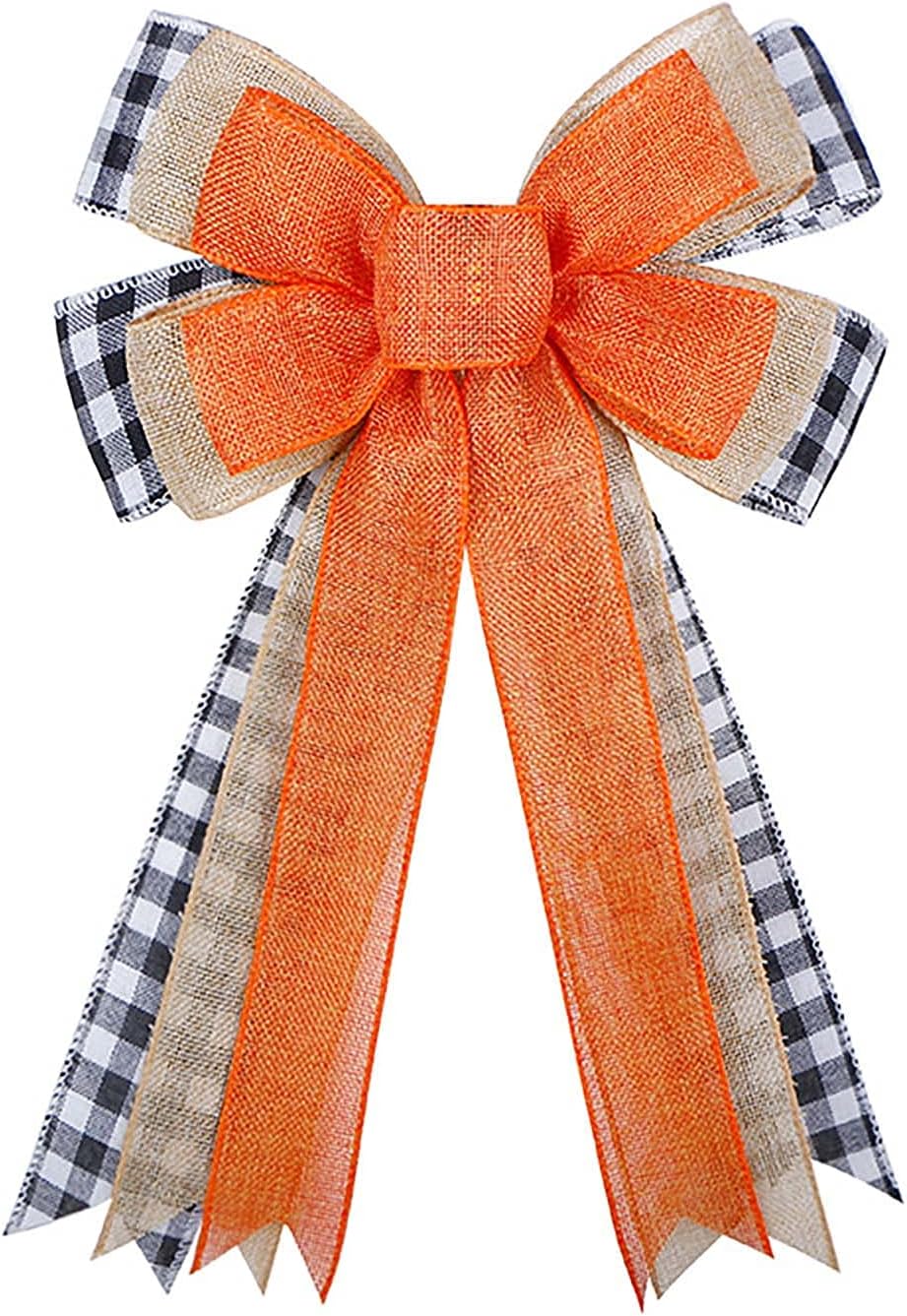 Bows & Ribbons - Fall Wreath Bow Thanksgiving Orange Burlap Black White Buffalo Plaid Bow Holiday DIY Crafts Front Door Gift Bows Wall Ornaments for Tree Topper Halloween Thanksgiving Christmas Party Decorations