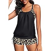 Holipick Blouson Tankini Swimsuits for Women - Two Piece Tummy Control Bathing Suit with Shorts Modest Swimwear