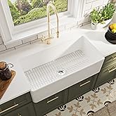 DeerValley White Kitchen Sink 36 Inch, Fireclay Farmhouse Sink, Apron Front Single Bowl Deep Drop-in Farm Sinks with Grid & S