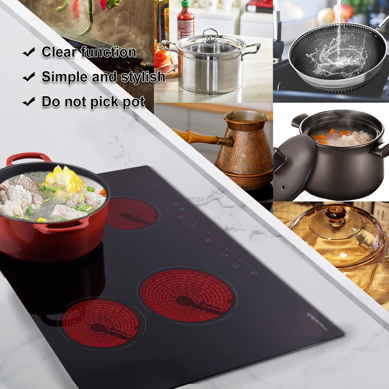 Electric Cooktop 30 Inch，Built-in Ceramic Cooktop 6400W， Electric Stove with 4 Burners 220-240V， 9 Heating Level， Kid Safety Lock， Sensor Touch Control，Hard Wired: Appliances