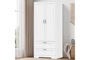Wardrobe Closet, Wooden Closet Organizers with 2 Doors and 2 Drawers for Bedroom, Almirah for Clothes, Farmhouse Wardrobe Cab