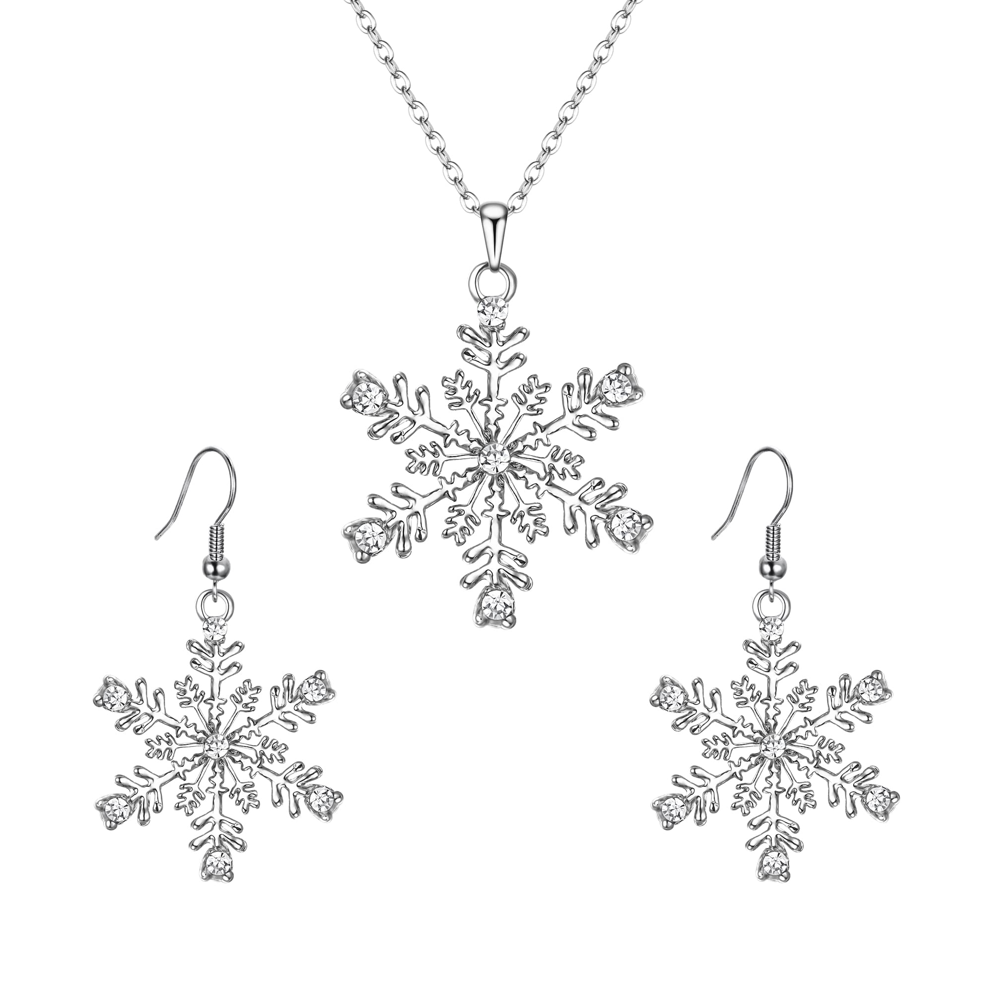 Ever Faith Winter Snowflake Necklace Earrings Set, Rhinestone Crystal Snowflake Jewelry Set White Silver-Tone
