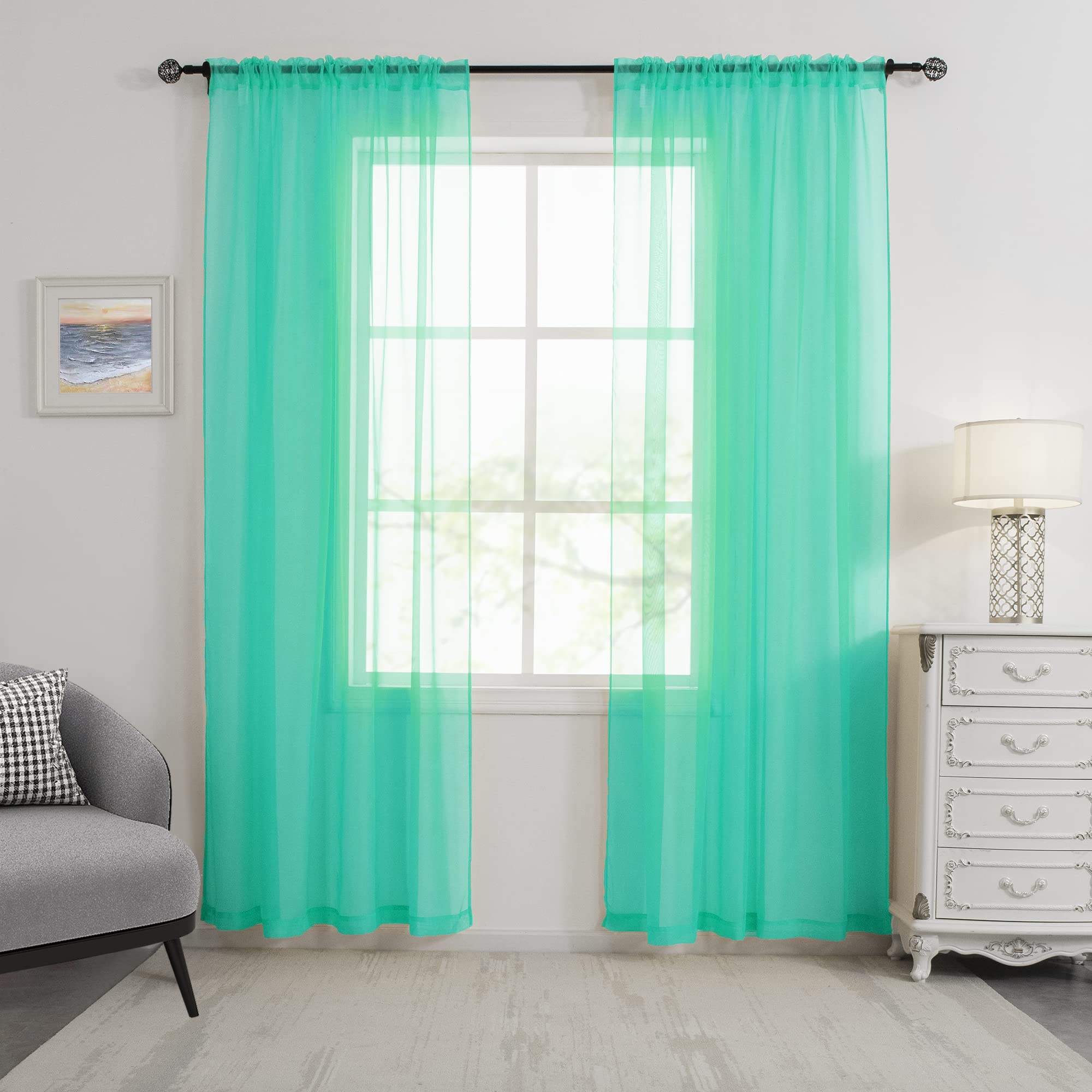 HUTO Turquoise Sheer Window Curtains Panels 52 Inches Wide by 96 Inches Long Rod Pocket Window Sheer Panels Drapes 2 Panels Curtains for Bedroom Living Room Nursery