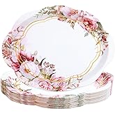 Fancy Land 24 Pcs Floral Oval Paper Plates 10 x 12 Inches Disposable Dinner Platters Heavy Duty Dinnerware Bulk Tea Party Wedding Supplies Decor