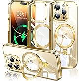 ESTPEAK Titanium Gold CD Mag-Stand Case for iPhone 14 Pro Case with Invisible Magnetic Ring, [Fit for MagSafe] [Never Yellowing] Top Clear Phone Case Cover for iPhone 14 Pro 6.1" Men Women