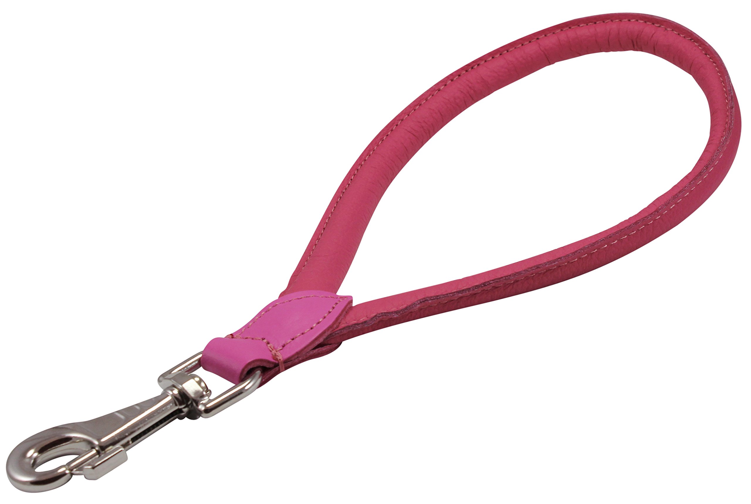 Round Genuine Rolled Leather Dog Short Traffic Leash 13" Long 1/2" Diam Lead (Pink)
