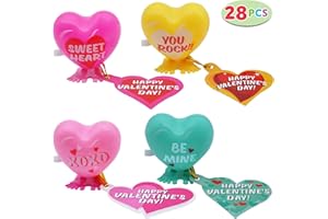 JOYIN 28 Pack Valentines Day Gift Cards with Gift Heart-Shaped Wind-Up Toys Clockwork Toys for Valentine's Classroom Exchange Prizes, Valentine Party Favor Toys