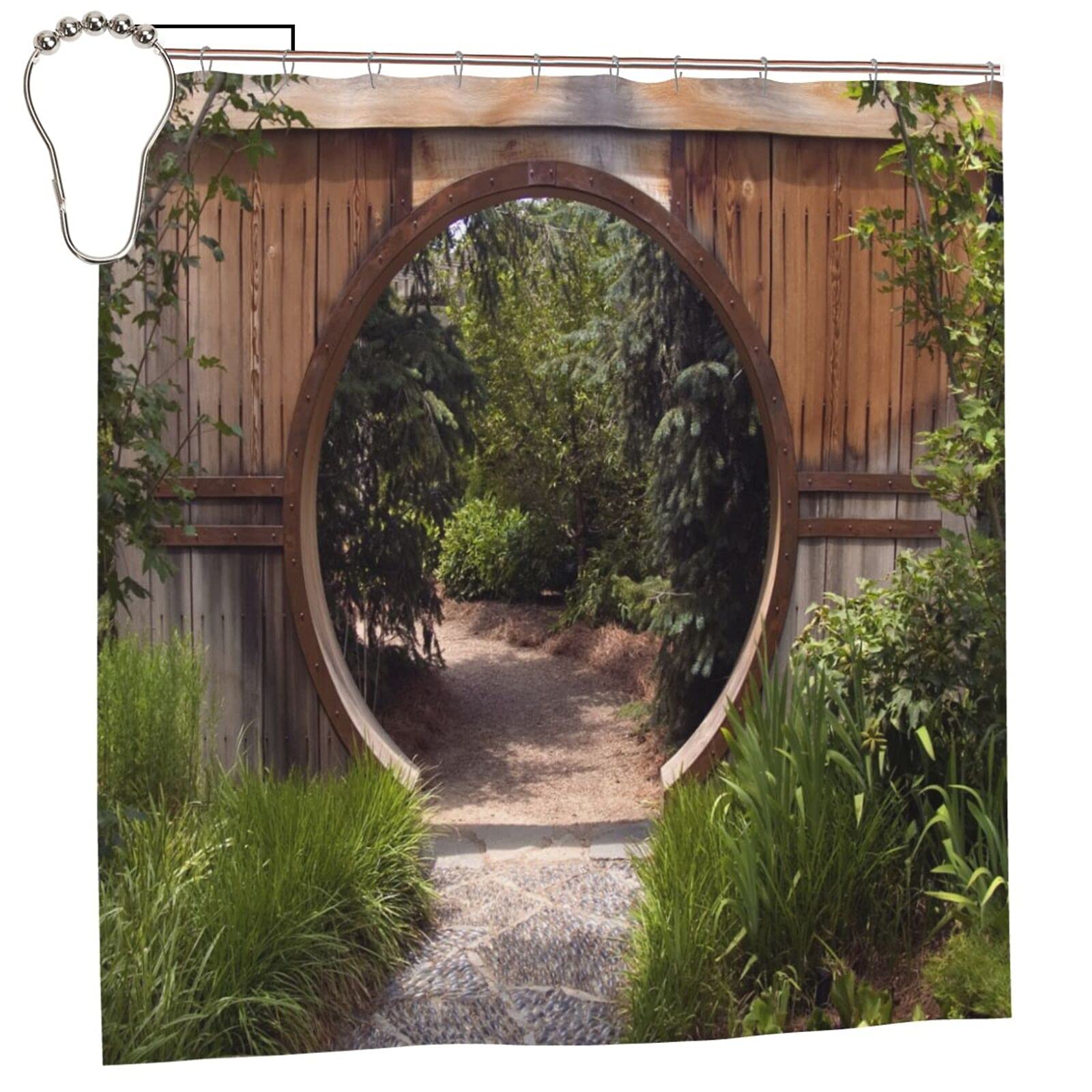 Japanese Decor Garden Shower Curtain Outdoor 3D Picture Shower Curtain for Garden Fence Waterproof & Mould Resistant Design Bath Curtain Sets with 12 Hooks — image 1