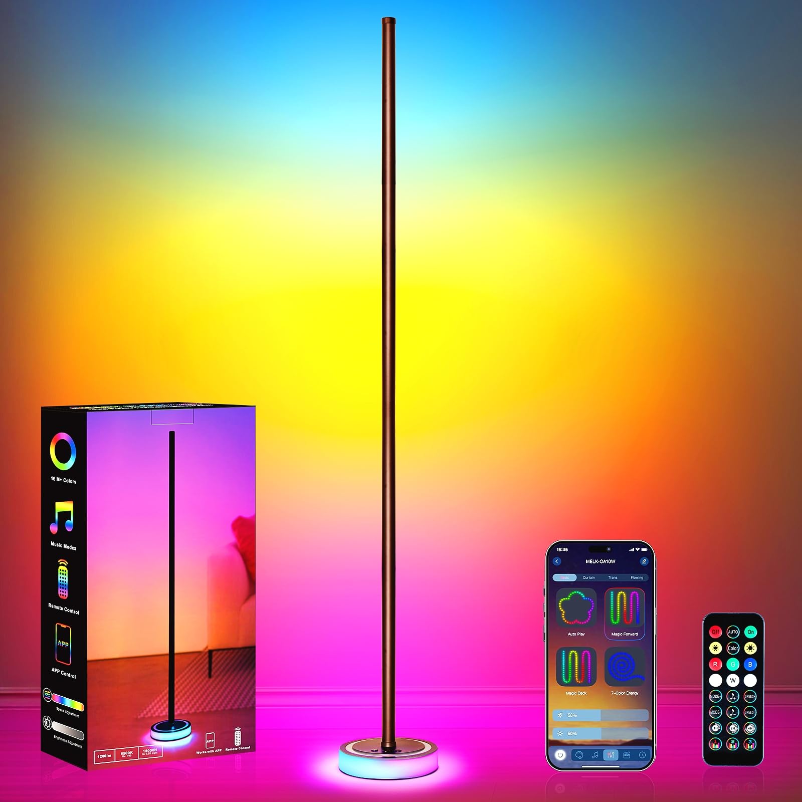 Photo 1 of Smart RGBICW Corner Floor Lamp with App & Remote Control - 16 Million Colors, Music Sync, Timer Setting, Dimmable Ambient Lighting LED Standing Lamp for Bedroom, Living Room, Gaming Room & Home Decor