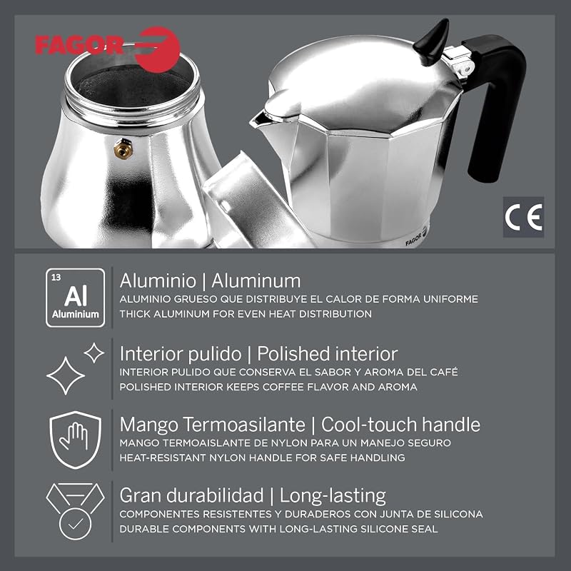 Fagor Cupy Cafetera Italiana, Inducción, Aluminio, Express, 12 Tazas Café, Apta para todas las Cocinas, Vitrocerámica, Gas, Eléctrica, Junta de Silicona Gran Durabilidad — foto 3 de 7