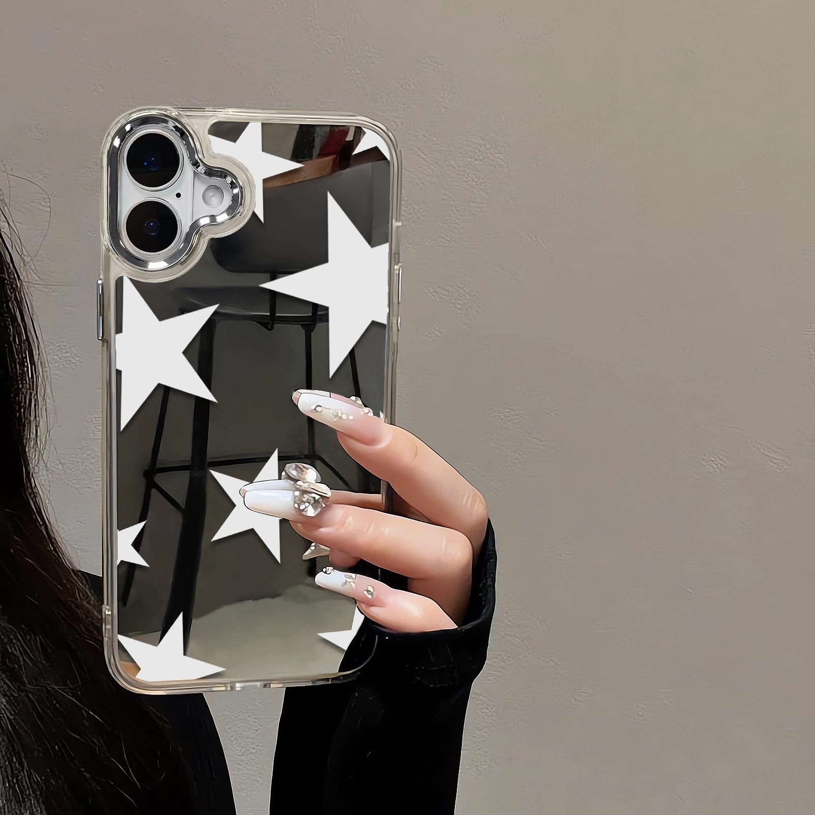 xoniery Compatible with iPhone 17 Cute Glossy Mirror Case,White Cool Stars,Senior Shockproof Protection and Silver Lens Frame for Women Girls Man