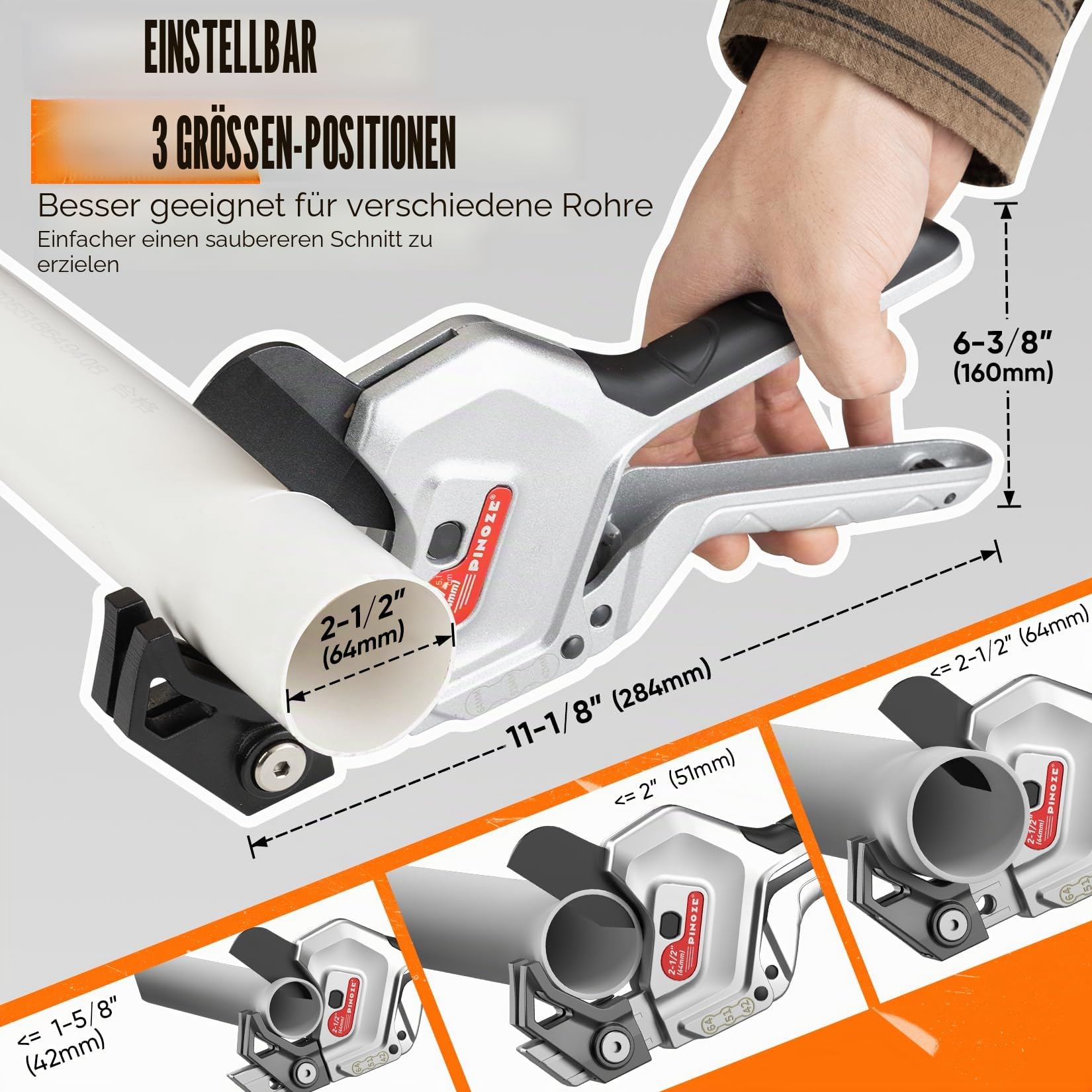 PINOZE PVC-Rohrschneider, 3-Gang-Einstellung, Schnitt bis zu 63 mm, Ratschen-Rohrschneider-Werkzeug, robust für PVC, PPR, PE, PEX, Kunststoffschläuche und Sanitärrohre mit Teflon-SK5-Klinge 2