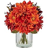 Briful Fake Fall Flowers with Vase, Artificial Dahlia & Mum Silk Floral Arrangement with Glass Vase Faux Autumn Flowers Bouquet for Home Office Room Coffee Table Centerpiece Wedding Decoration