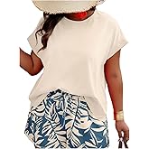 Verdusa Women's Plus Size 2 Piece Vacation Summer Outfits Printed Short Sleeve Blouse Tops and Shorts Sets