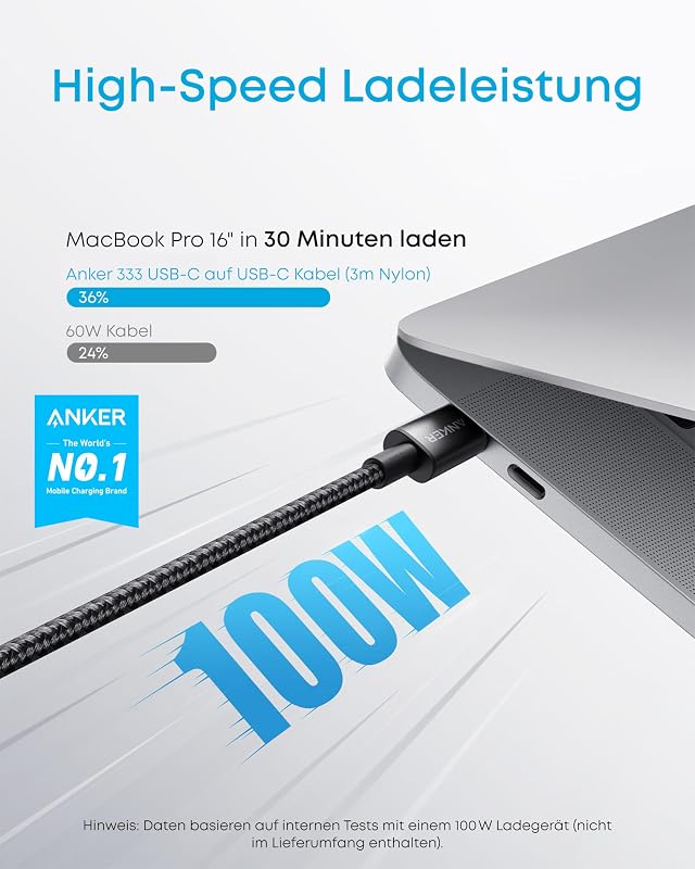 100W USB C Kabel PD 3.0 [3 Stück 1m+1,8m+3m], Schwarz