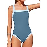 Shallmu Girls Swimsuits Color Block Adjustable Thick Strap One Piece Bathing Suits with Cover Up Skirt Girl's Swimwear 9-16Y