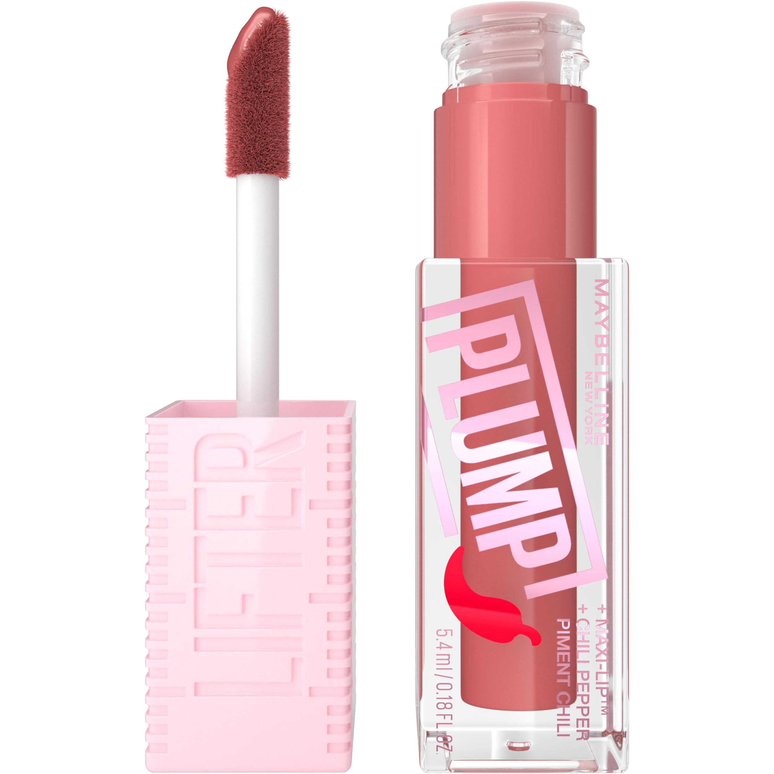 Maybelline New York, Lifter Plump Lip Gloss, Lasting Plump, Heated Formula with Hyaluronic Acid and Chilli Pepper, XL Wand, Vegan Formula, Shade: 005 Peach Fever