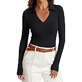 iGENJUN Womens Long Sleeve V Neck Polo Shirts Business Casual Collared Work Top Slim Fitted Basic 2025 Fall Shirt
