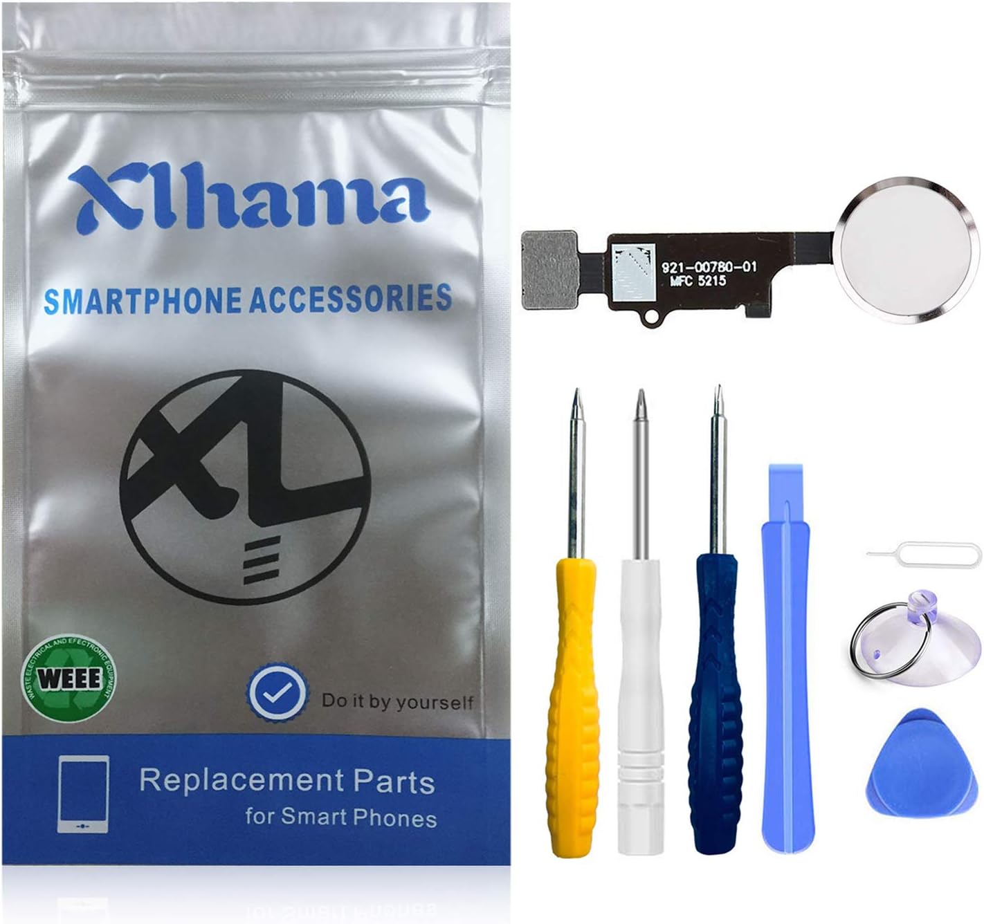 Xlhama Home Button Compatible for iPhone 6S/6S Plus (White) with Flex Cable Connector Metal Frame Protector Button and Rubber Seal Pre-Installed Repair Tool Kit Included