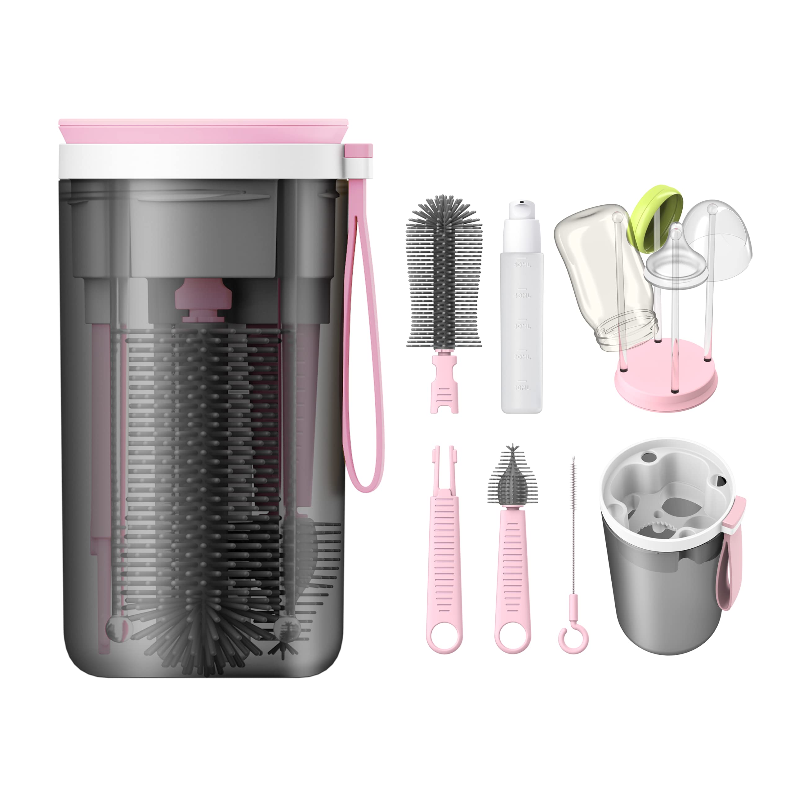 Photo 1 of YOTIME Travel Baby Bottle Brush Set with Portable Silicone Bottle Brush, Nipple Cleaner Brush, Straw Brush, Soap Dispenser and Bottle Drying Rack, Pink