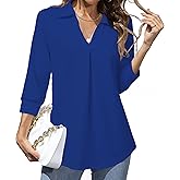 Heat Move Women's 3/4 Sleeve Length Tops Collared V Neck Shirt Dressy Casual Business Blouses for Work Professional