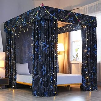 Mengersi Galaxy Four Corner Post Canopy Bed Curtains Mosquito Net Sheer Canopy Cover Bedroom Decor(King, Star)