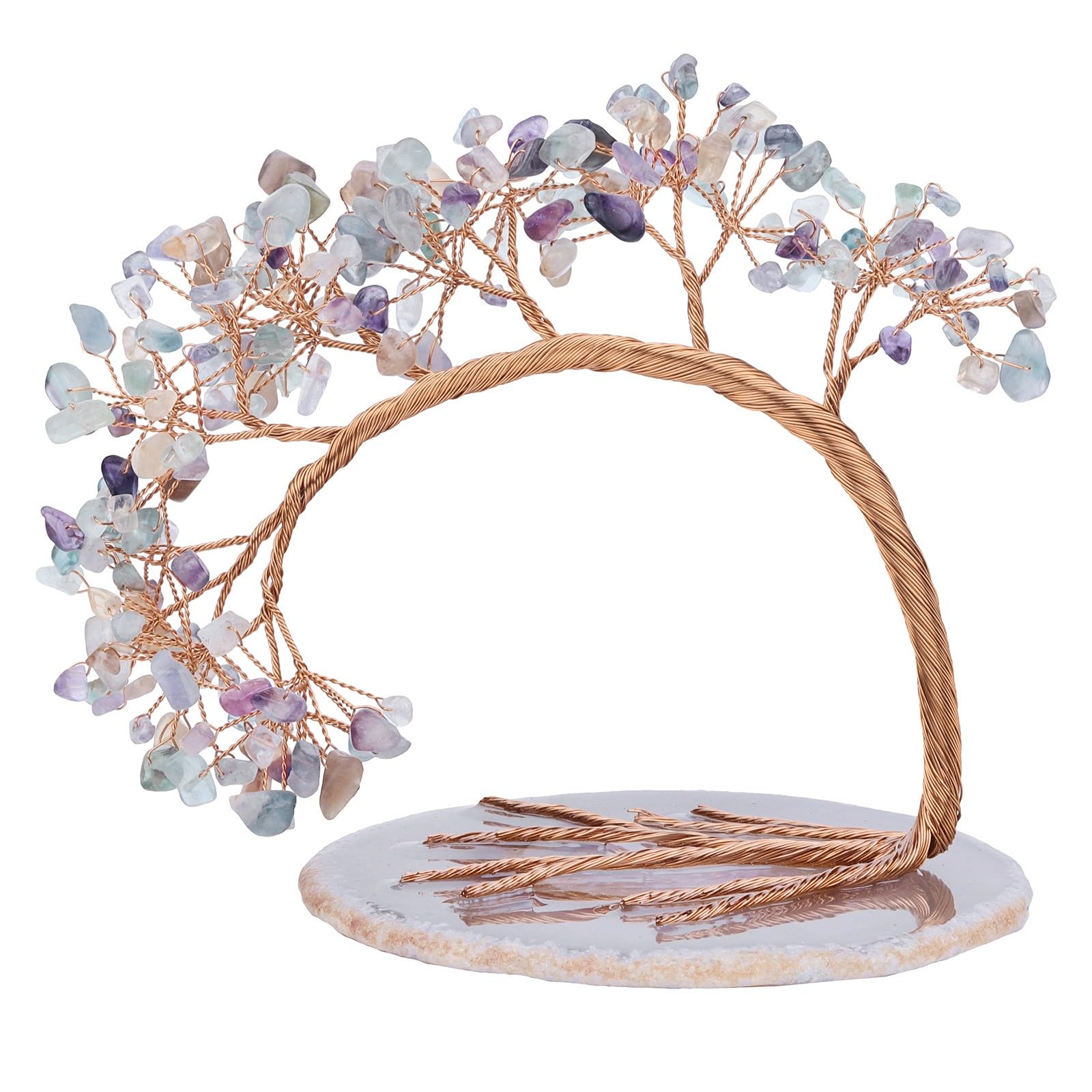 KYEYGWO Fluorite Crystal Money Tree FengShui Bonsai Figurines with Agate Slices Base, Crystal Tree Home Office Ornament for Good Luck and Wealth, 4.5-5.2 inches Tall