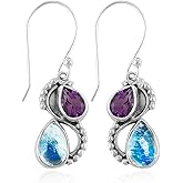 ARTISANJEWELS Natural Rainbow Moonstone & Amethyst Gemstone Earrings, 925 Sterling Silver Dangling Jewelry, Handmade Earrings, Birthstone Statement Minimalist Gift for Women