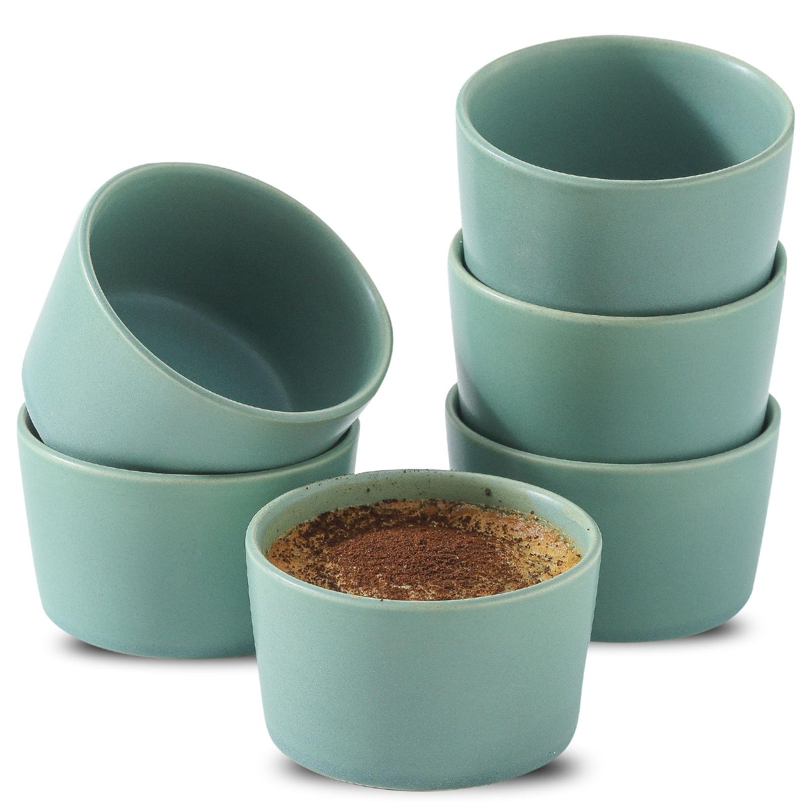Photo 1 of Tikooere Ramekins 4 oz, Oven Safe Soufflé Dishes for Creme Brulee, Souffle, Lava Cake, Stoneware Custard Sauce Cups for Baking, Ceramic Dipping Ramikens Set of 6, Cute Christmas Gift, Matte Turquoise